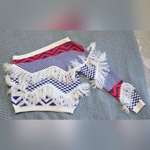 Red White and Blue Off-the-Shoulder Sweater With Fringes